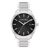 Calvin Klein Men’s Define Watch, 43mm stainless steel case, black sunray dial, silver-tone hands and markers, date display at 3 o’clock, stainless steel bracelet, modern quartz design.