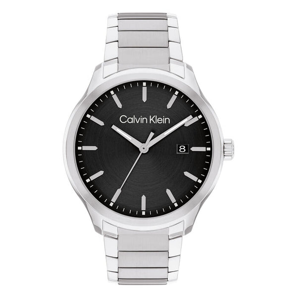 Calvin Klein Men’s Define Watch, 43mm stainless steel case, black sunray dial, silver-tone hands and markers, date display at 3 o’clock, stainless steel bracelet, modern quartz design.