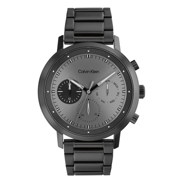 Calvin Klein Men’s Gauge Watch, 44mm black ion-plated stainless steel case, grey dial with three subdials for chronograph and weekday display, luminous hands, black stainless steel bracelet, quartz movement.