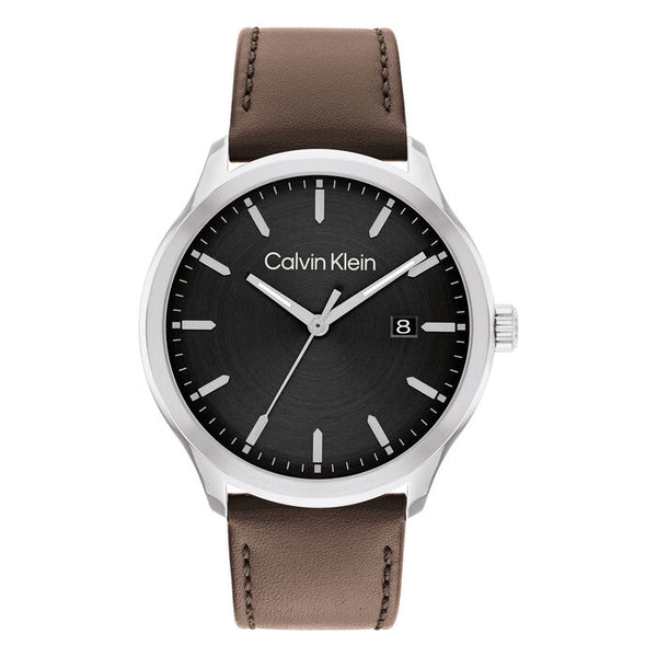 Calvin Klein Men’s Urban Heritage Watch, 43mm stainless steel case, black sunray dial, silver-tone hands and hour markers, date display at 3 o’clock, brown genuine leather strap, quartz movement.