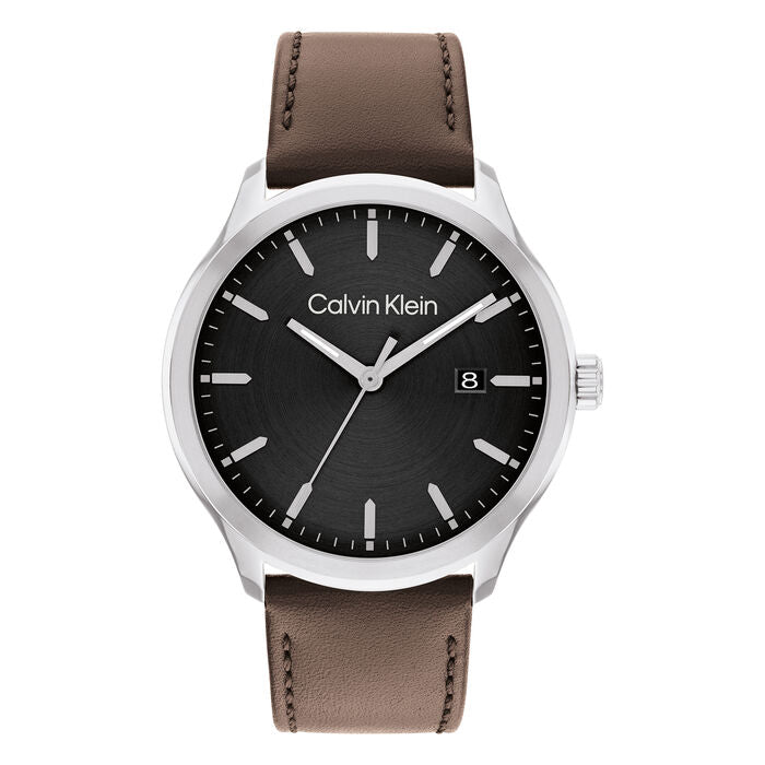 Calvin Klein Men’s Urban Heritage Watch, 43mm stainless steel case, black sunray dial, silver-tone hands and hour markers, date display at 3 o’clock, brown genuine leather strap, quartz movement.