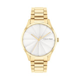 Calvin Klein Women’s Burst Watch, 35mm gold-tone stainless steel case and bracelet, white sunburst textured dial, minimalist design with gold-tone hands, quartz movement, elegant modern style.