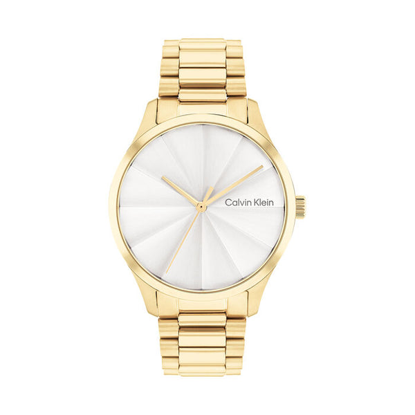 Calvin Klein Women’s Burst Watch, 35mm gold-tone stainless steel case and bracelet, white sunburst textured dial, minimalist design with gold-tone hands, quartz movement, elegant modern style.