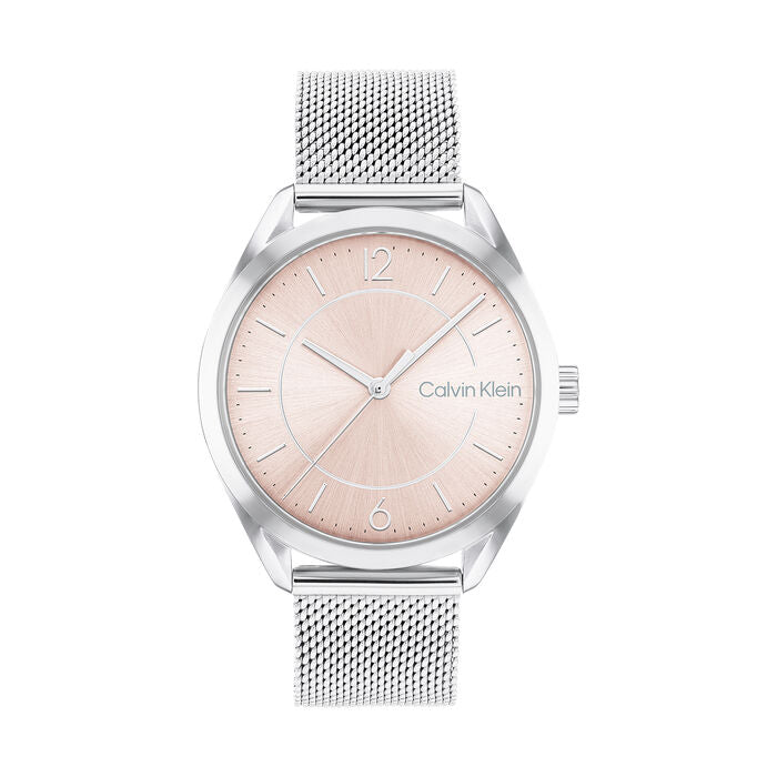 Calvin Klein Women’s Enticing Watch, 36mm stainless steel case, blush pink sunray dial with silver-tone hands and minimalist hour markers, silver mesh bracelet, elegant and modern quartz timepiece.