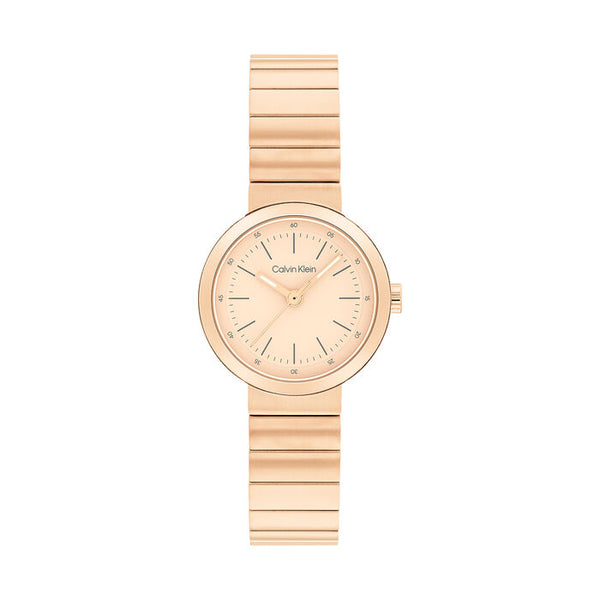Calvin Klein Women’s Precise Watch, 25mm rose gold-tone stainless steel case and bracelet, monochrome rose dial with slim hour and minute markers, minimalist design, quartz movement.