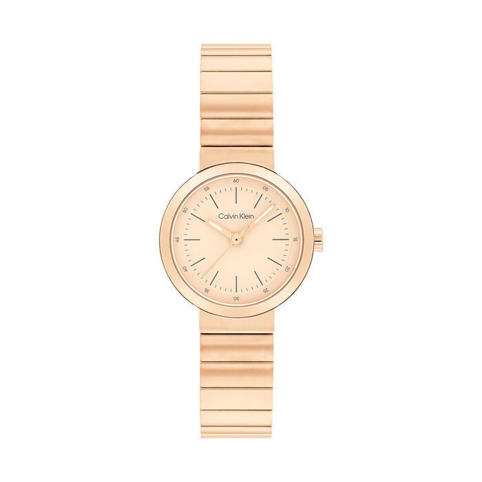 Calvin Klein Women’s Precise Watch, 25mm rose gold-tone stainless steel case and bracelet, monochrome rose dial with slim hour and minute markers, minimalist design, quartz movement.
