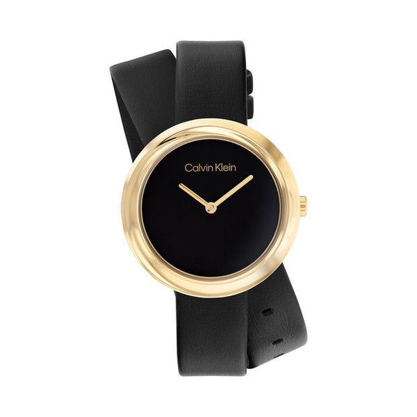 Calvin Klein Women’s Twisted Bezel Watch, 34mm gold-tone stainless steel case, minimalist black dial with gold hands, unique wraparound black leather strap, modern and elegant quartz design.