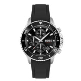 A robust 45mm chronograph watch with a black dial featuring three sub-dials and a date display at 6 o'clock. The stainless steel case is paired with a durable black rubber strap, ideal for sporty and casual wear. The rotating bezel and bold markers add to its dynamic, functional design, perfect for active lifestyles.