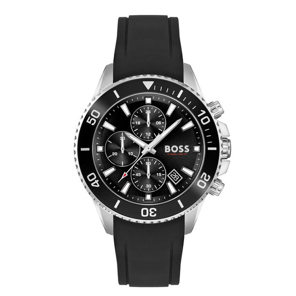 A robust 45mm chronograph watch with a black dial featuring three sub-dials and a date display at 6 o'clock. The stainless steel case is paired with a durable black rubber strap, ideal for sporty and casual wear. The rotating bezel and bold markers add to its dynamic, functional design, perfect for active lifestyles.