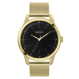 Hugo Boss Dare men's watch, 42mm gold-tone stainless steel case, black dial with minimalist hour markers and Hugo logo at 12 o'clock, gold mesh bracelet, modern and sleek design.