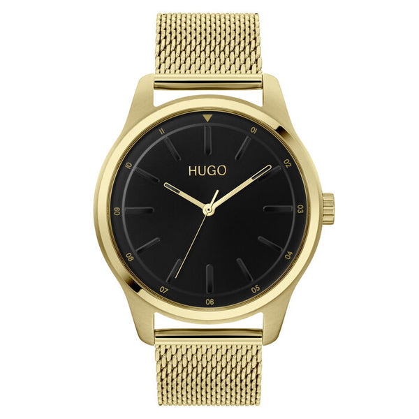 Hugo Boss Dare men's watch, 42mm gold-tone stainless steel case, black dial with minimalist hour markers and Hugo logo at 12 o'clock, gold mesh bracelet, modern and sleek design.