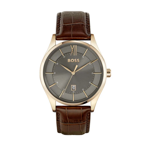 A refined 42mm men's watch featuring a sleek grey dial with gold-tone Roman numerals and markers, accented by a date display at 6 o'clock. The rose gold-tone stainless steel case pairs perfectly with a brown croc-embossed leather strap, creating a sophisticated and elegant look. Ideal for formal and business occasions.