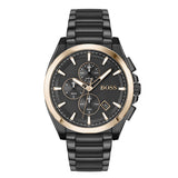 A striking 46mm chronograph watch with a black textured dial and gold-tone accents. It features three sub-dials for hours, minutes, and seconds, along with a date display at 6 o'clock. The black stainless steel case and matching bracelet create a bold, modern look, perfect for a sophisticated yet sporty style.