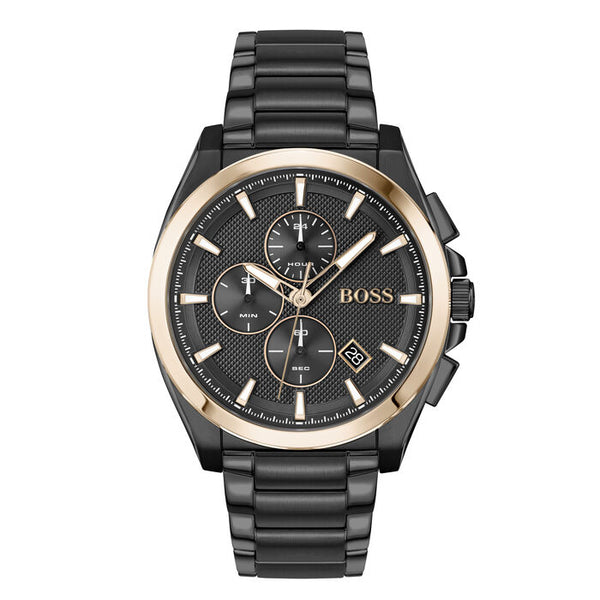 A striking 46mm chronograph watch with a black textured dial and gold-tone accents. It features three sub-dials for hours, minutes, and seconds, along with a date display at 6 o'clock. The black stainless steel case and matching bracelet create a bold, modern look, perfect for a sophisticated yet sporty style.