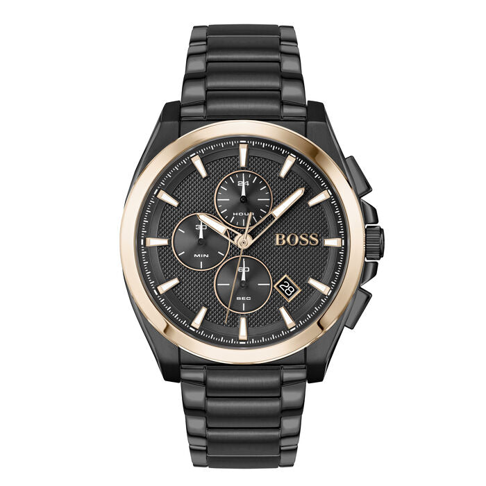 A striking 46mm chronograph watch with a black textured dial and gold-tone accents. It features three sub-dials for hours, minutes, and seconds, along with a date display at 6 o'clock. The black stainless steel case and matching bracelet create a bold, modern look, perfect for a sophisticated yet sporty style.