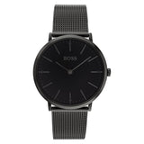 A sleek 40mm black stainless steel watch with a minimalist black dial, featuring subtle hour markers and the Boss logo at 12 o'clock. It includes a matching black mesh strap for a modern, refined look. Ideal for any occasion with a sophisticated, understated design.