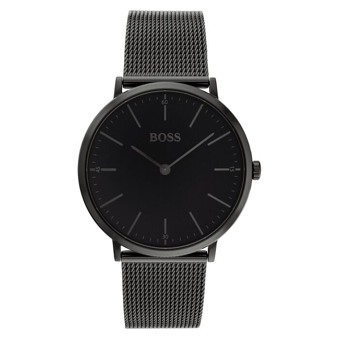 A sleek 40mm black stainless steel watch with a minimalist black dial, featuring subtle hour markers and the Boss logo at 12 o'clock. It includes a matching black mesh strap for a modern, refined look. Ideal for any occasion with a sophisticated, understated design.