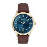 Hugo Boss Officer men's watch, 41mm gold-tone stainless steel case, blue sunray dial with gold-tone hour markers, date window at 6 o'clock, brown leather strap, classic and refined design.