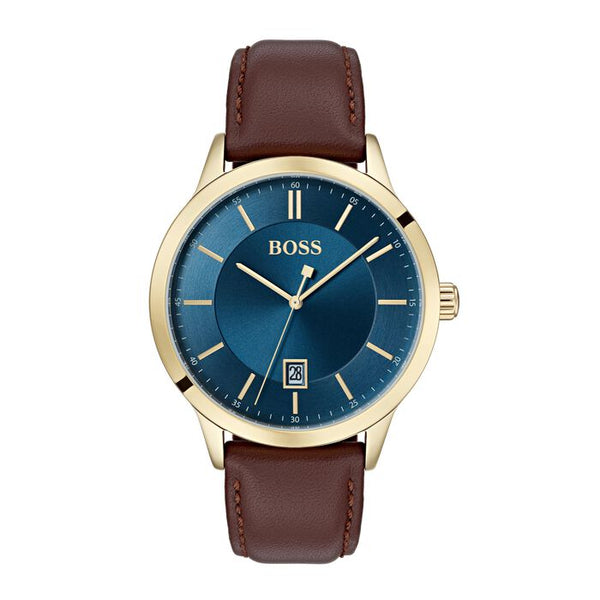 Hugo Boss Officer men's watch, 41mm gold-tone stainless steel case, blue sunray dial with gold-tone hour markers, date window at 6 o'clock, brown leather strap, classic and refined design.