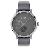 A sophisticated 42mm men's watch with a sleek grey dial and dual sub-dials for a modern touch. The silver-tone case is complemented by a black leather strap, offering both style and comfort. The clean design with minimal markers and the Boss logo creates a refined look, suitable for both casual and formal wear.