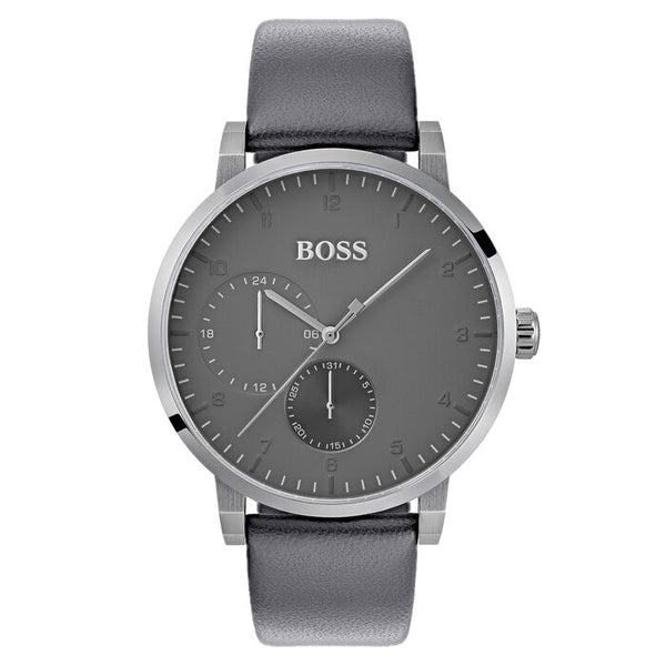 A sophisticated 42mm men's watch with a sleek grey dial and dual sub-dials for a modern touch. The silver-tone case is complemented by a black leather strap, offering both style and comfort. The clean design with minimal markers and the Boss logo creates a refined look, suitable for both casual and formal wear.