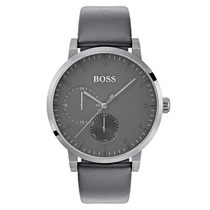 A sophisticated 42mm men's watch with a sleek grey dial and dual sub-dials for a modern touch. The silver-tone case is complemented by a black leather strap, offering both style and comfort. The clean design with minimal markers and the Boss logo creates a refined look, suitable for both casual and formal wear.