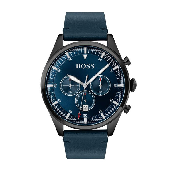 A dynamic 44mm chronograph watch with a striking blue dial, featuring three sub-dials, a date display at 6 o'clock, and bold white markers for easy readability. The black stainless steel case pairs with a stylish blue leather strap, combining sportiness with elegance. Ideal for those seeking a modern, versatile timepiece.