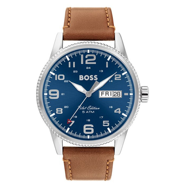 A stylish 44mm stainless steel pilot watch with a blue dial, bold Arabic numerals, date display, and silver-tone hands. Featuring a brown leather strap and water-resistant to 5 ATM. Ideal for both casual and formal wear.