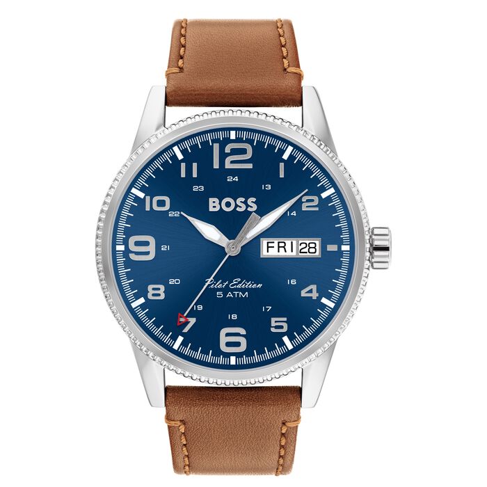 A stylish 44mm stainless steel pilot watch with a blue dial, bold Arabic numerals, date display, and silver-tone hands. Featuring a brown leather strap and water-resistant to 5 ATM. Ideal for both casual and formal wear.
