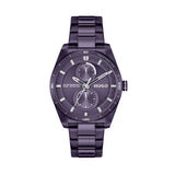 A bold 38mm women's chronograph watch with a sleek purple dial and matching purple stainless steel bracelet. Featuring two sub-dials for added functionality, a tachymeter scale, and a date display, this timepiece combines modern design with sporty elegance. Water-resistant up to 50 meters, making it suitable for daily wear.