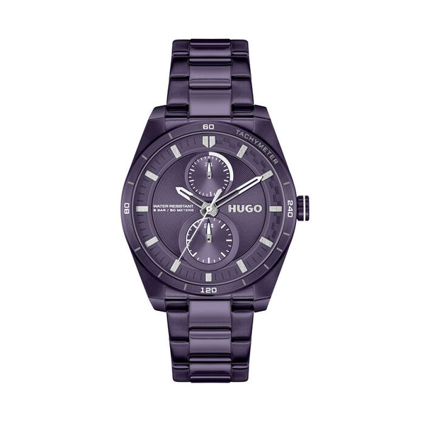 A bold 38mm women's chronograph watch with a sleek purple dial and matching purple stainless steel bracelet. Featuring two sub-dials for added functionality, a tachymeter scale, and a date display, this timepiece combines modern design with sporty elegance. Water-resistant up to 50 meters, making it suitable for daily wear.