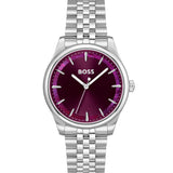 A chic 36mm women's watch featuring a deep burgundy dial, elegantly complemented by silver-tone markers and hands. The polished stainless steel case and bracelet add a sophisticated touch, making it a perfect accessory for both casual and formal occasions.