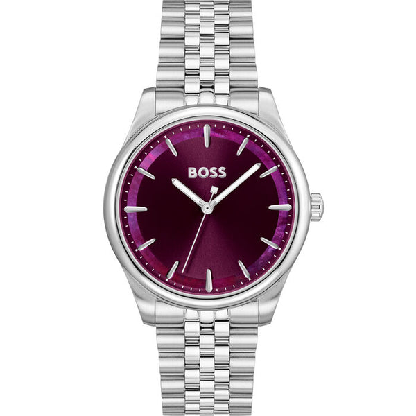 A chic 36mm women's watch featuring a deep burgundy dial, elegantly complemented by silver-tone markers and hands. The polished stainless steel case and bracelet add a sophisticated touch, making it a perfect accessory for both casual and formal occasions.