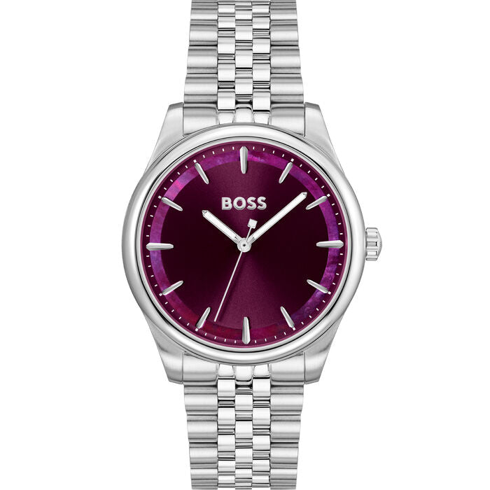 A chic 36mm women's watch featuring a deep burgundy dial, elegantly complemented by silver-tone markers and hands. The polished stainless steel case and bracelet add a sophisticated touch, making it a perfect accessory for both casual and formal occasions.