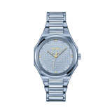 A modern 36mm women's watch featuring a unique silver dial embossed with the "HUGO" logo. The stainless steel case and bracelet shine with a polished finish, while the gold-tone markers and hands provide a touch of elegance. Ideal for those seeking a bold yet refined accessory.