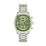 A stylish 38mm chronograph watch with a vibrant green dial, gold-tone and silver-tone stainless steel case, and bracelet. Featuring three sub-dials and a date display at 6 o'clock, this timepiece blends sporty functionality with elegant design. Ideal for everyday wear with a sophisticated touch.