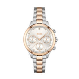 An elegant 38mm chronograph watch with a chic silver-tone dial adorned with diamond-like markers. The two-tone stainless steel bracelet, combining silver and rose gold, adds a sophisticated touch. The watch features three sub-dials and a day/date display, making it both functional and stylish for everyday wear.