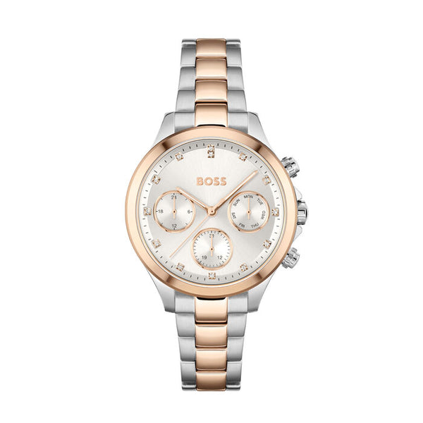 An elegant 38mm chronograph watch with a chic silver-tone dial adorned with diamond-like markers. The two-tone stainless steel bracelet, combining silver and rose gold, adds a sophisticated touch. The watch features three sub-dials and a day/date display, making it both functional and stylish for everyday wear.