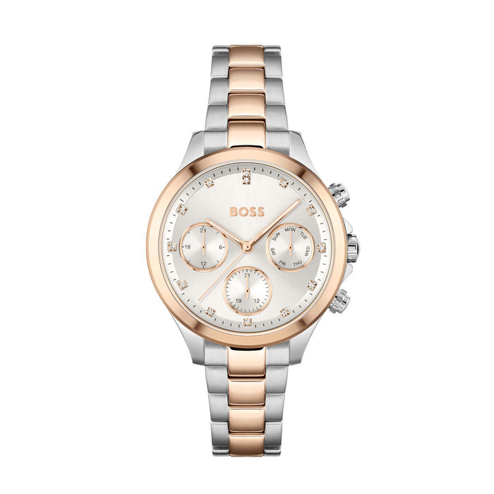 An elegant 38mm chronograph watch with a chic silver-tone dial adorned with diamond-like markers. The two-tone stainless steel bracelet, combining silver and rose gold, adds a sophisticated touch. The watch features three sub-dials and a day/date display, making it both functional and stylish for everyday wear.