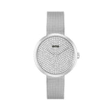 A luxurious 36mm women's watch featuring a stunning crystal-encrusted dial for a sparkling, elegant look. The silver-tone mesh bracelet complements the shimmering dial, while the simple silver hands and the Boss logo offer a touch of sophistication. Ideal for formal and evening wear, this watch combines glamour with timeless style.