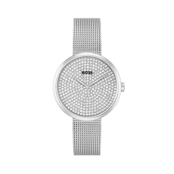A luxurious 36mm women's watch featuring a stunning crystal-encrusted dial for a sparkling, elegant look. The silver-tone mesh bracelet complements the shimmering dial, while the simple silver hands and the Boss logo offer a touch of sophistication. Ideal for formal and evening wear, this watch combines glamour with timeless style.