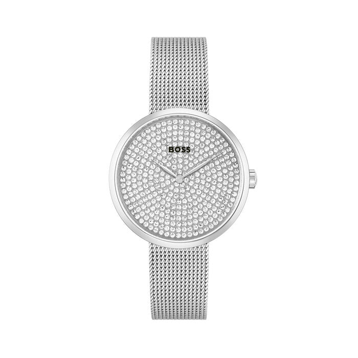 A luxurious 36mm women's watch featuring a stunning crystal-encrusted dial for a sparkling, elegant look. The silver-tone mesh bracelet complements the shimmering dial, while the simple silver hands and the Boss logo offer a touch of sophistication. Ideal for formal and evening wear, this watch combines glamour with timeless style.