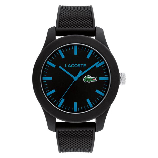Lacoste Men’s 12.12 Watch, 43mm black resin case, black dial with blue hour markers and Lacoste green crocodile logo, textured black silicone strap, casual sporty quartz design.