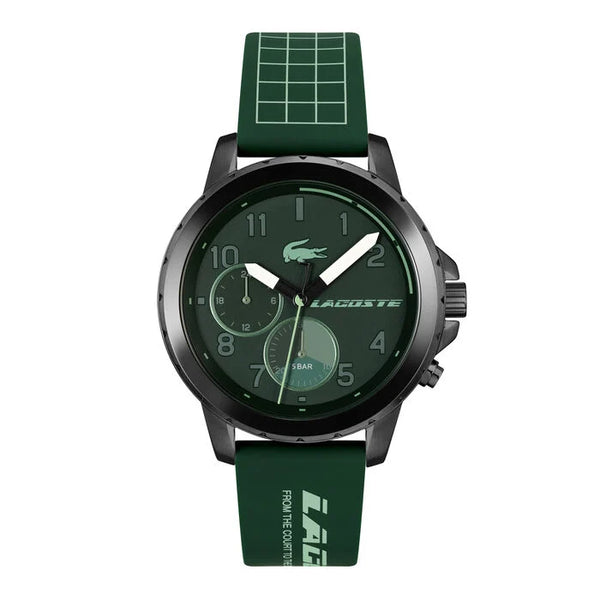 Lacoste Men’s Endurance Watch, 44mm black stainless steel case, green dial with chronograph subdials, white hands, Lacoste logo and branding, green silicone strap with tennis court graphic, sport quartz movement.