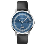 Lacoste Men’s Madrid Watch, 41mm stainless steel case, blue sunray dial with white hour markers and Lacoste logo, multi-date display at 6 o’clock, black genuine leather strap, quartz movement.