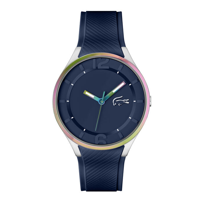 Lacoste Men’s Ollie Watch, 44mm stainless steel case with rainbow bezel, navy blue dial with Lacoste crocodile logo, multicolor hands, textured blue silicone strap, bold sporty quartz design.