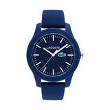 Lacoste 12.12 women's watch, 38mm blue resin case and textured silicone strap, blue dial with white hour markers, Lacoste logo at 3 o'clock with green crocodile emblem, sporty and minimalist design.