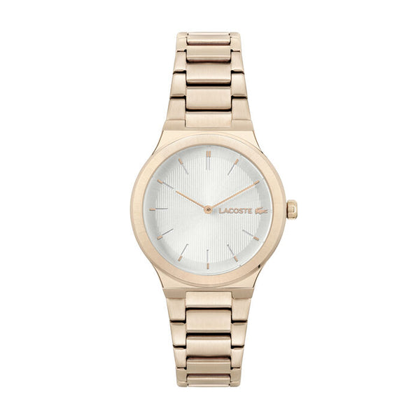 Lacoste Chelsea women's watch, 34mm rose gold-tone stainless steel case and bracelet, white vertically textured dial with rose gold-tone hands and hour markers, Lacoste logo at 3 o'clock, sleek and elegant design.