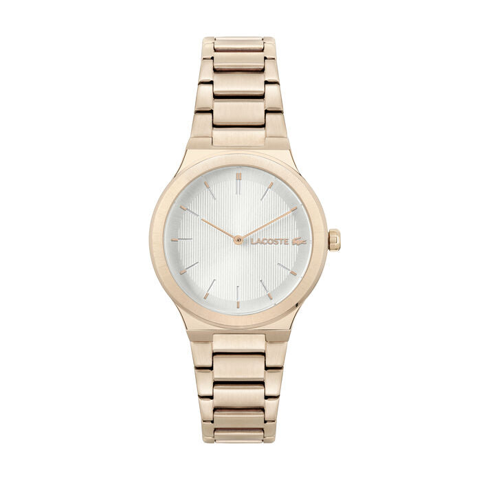 Lacoste Chelsea women's watch, 34mm rose gold-tone stainless steel case and bracelet, white vertically textured dial with rose gold-tone hands and hour markers, Lacoste logo at 3 o'clock, sleek and elegant design.