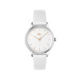 Lacoste Club women's watch, 34mm polished silver-tone stainless steel case, white dial with gold-tone hour markers and crocodile logo at 12 o'clock, white leather strap, minimalist analog design.